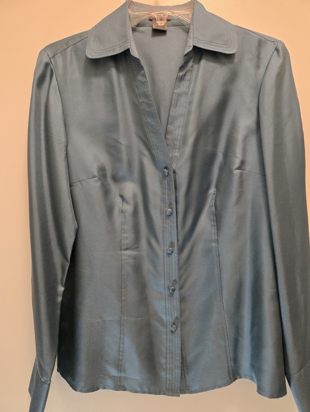 Ann Taylor Blue/Teal Satin Button Up Blouse Top Size 6 (